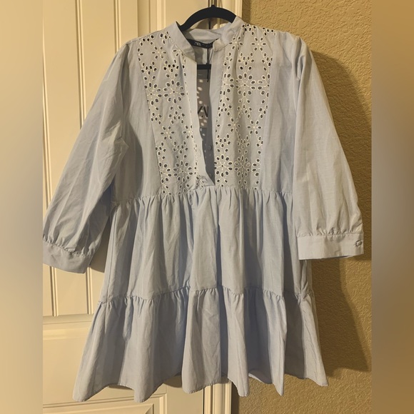 ZARA NWT - Light Blue Openwork Embroidered Mini Dress - Picture 1 of 3